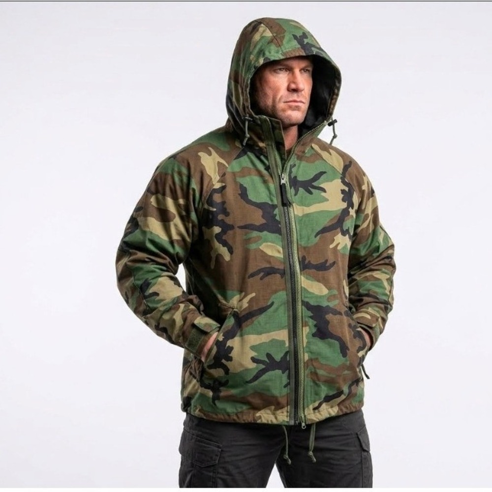 US Military Green Y2K Camo Overgarment Jacket Large Long Tactical Woodland Parka